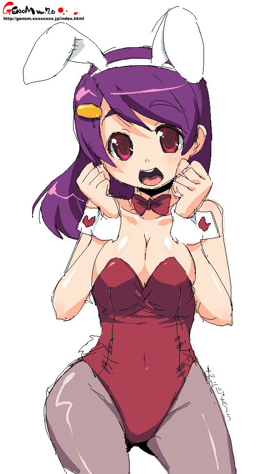 mel/a, onija tarou, original, animal ears, black pantyhose, bow, bowtie, breasts, cleavage, clenched hand, clenched hands, detached collar, fake animal ears, hair ornament, hairclip, oekaki, pantyhose, pink eyes, playboy bunny, purple hair, rabbit ears, red bow, red bowtie, solo