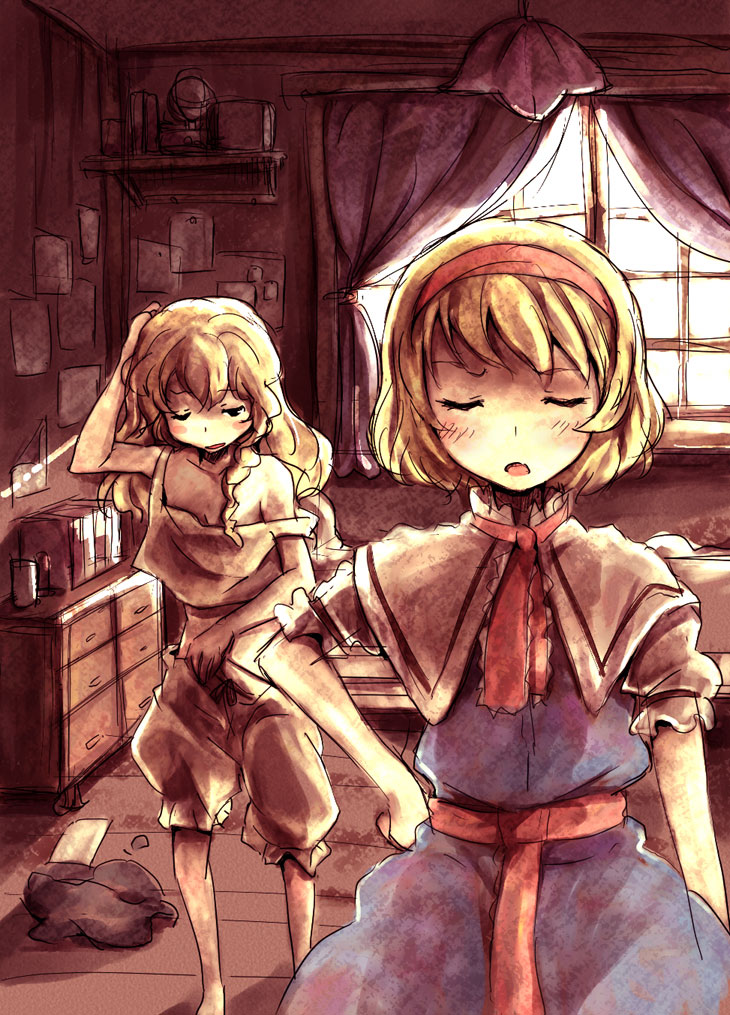 mishima hiroji, alice margatroid, kirisame marisa, touhou, 2girls, barefoot, blonde hair, bloomers, blush, closed eyes, female focus, hand in own hair, hand on own hip, lingerie, multiple girls, no headwear, off shoulder, one eye closed, sketch, underwear, underwear only, waking up, window