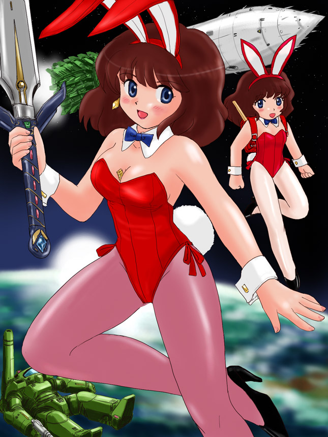 marison (aono107), ultramarine, daicon bunny girl, mobile infantry, daicon, daicon iii, daicon iv, starship troopers, uchuu no senshi, 1980s (style), 1girl, age comparison, animal ears, armor, bag, between breasts, blue eyes, blush, breasts, brown hair, detached collar, dual persona, earth (planet), fake animal ears, flat chest, looking at viewer, mecha, multiple views, oldschool, pantyhose, planet, playboy bunny, power armor, rabbit ears, rabbit tail, retro artstyle, robot, rocket, short hair, smile, space, spacecraft, sword, tail, time paradox, weapon