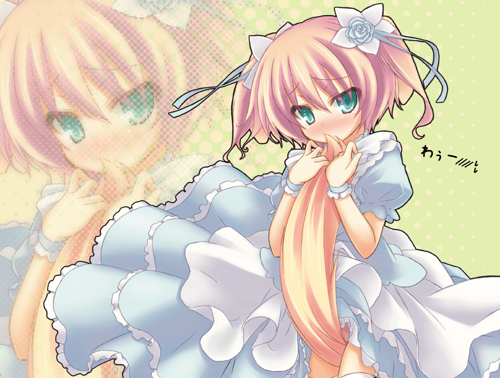 ryo (botugo), original, bad id, bad pixiv id, 1girl, animal ears, between legs, clothes lift, dog ears, dress, female focus, green eyes, loli, panties, pink hair, pink panties, short hair, skirt, skirt lift, solo, tail, tail between legs, twintails, underwear, zoom layer