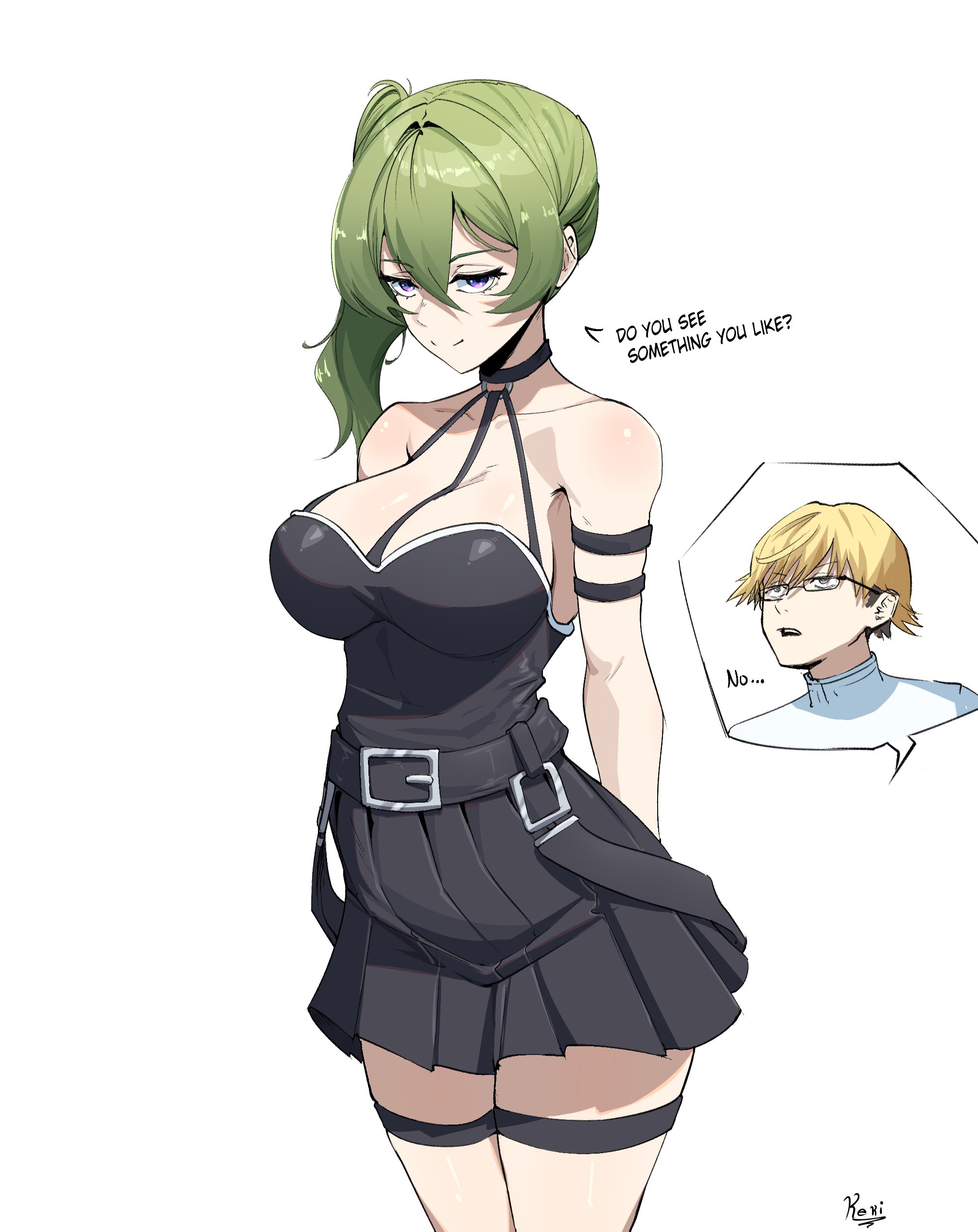 kanashikeki, land (sousou no frieren), ubel (sousou no frieren), sousou no frieren, absurdres, commentary, english commentary, highres, 1boy, 1girl, arms behind back, artist name, belt, black dress, blonde hair, breasts, choker, cleavage, dress, english text, glasses, green hair, looking at viewer, o-ring, ponytail, purple eyes, seductive smile, shirt, signature, skirt, smile, speech bubble, thighs, turtleneck, white shirt