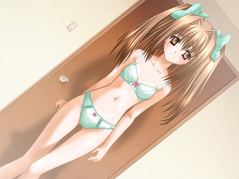 kannatsuki noboru, shiba yui, demiourgos no musume, game cg, jpeg artifacts, non-web source, 1girl, bra, brown hair, dutch angle, female focus, green bra, green panties, lingerie, orange eyes, panties, solo, twintails, underwear, underwear only