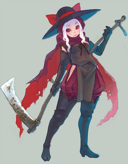 weno, axe, gloves, hat, red eyes, scythe, simple background, solo, weapon, white hair