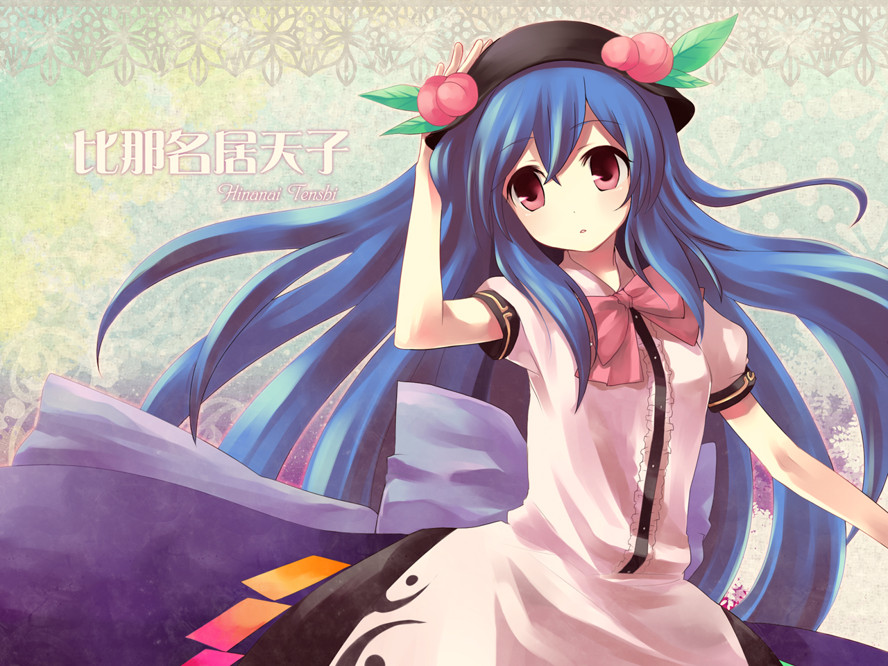 fummy, hinanawi tenshi, touhou, 1girl, blue hair, female focus, food, fruit, hat, long hair, peach, ribbon, solo, standing