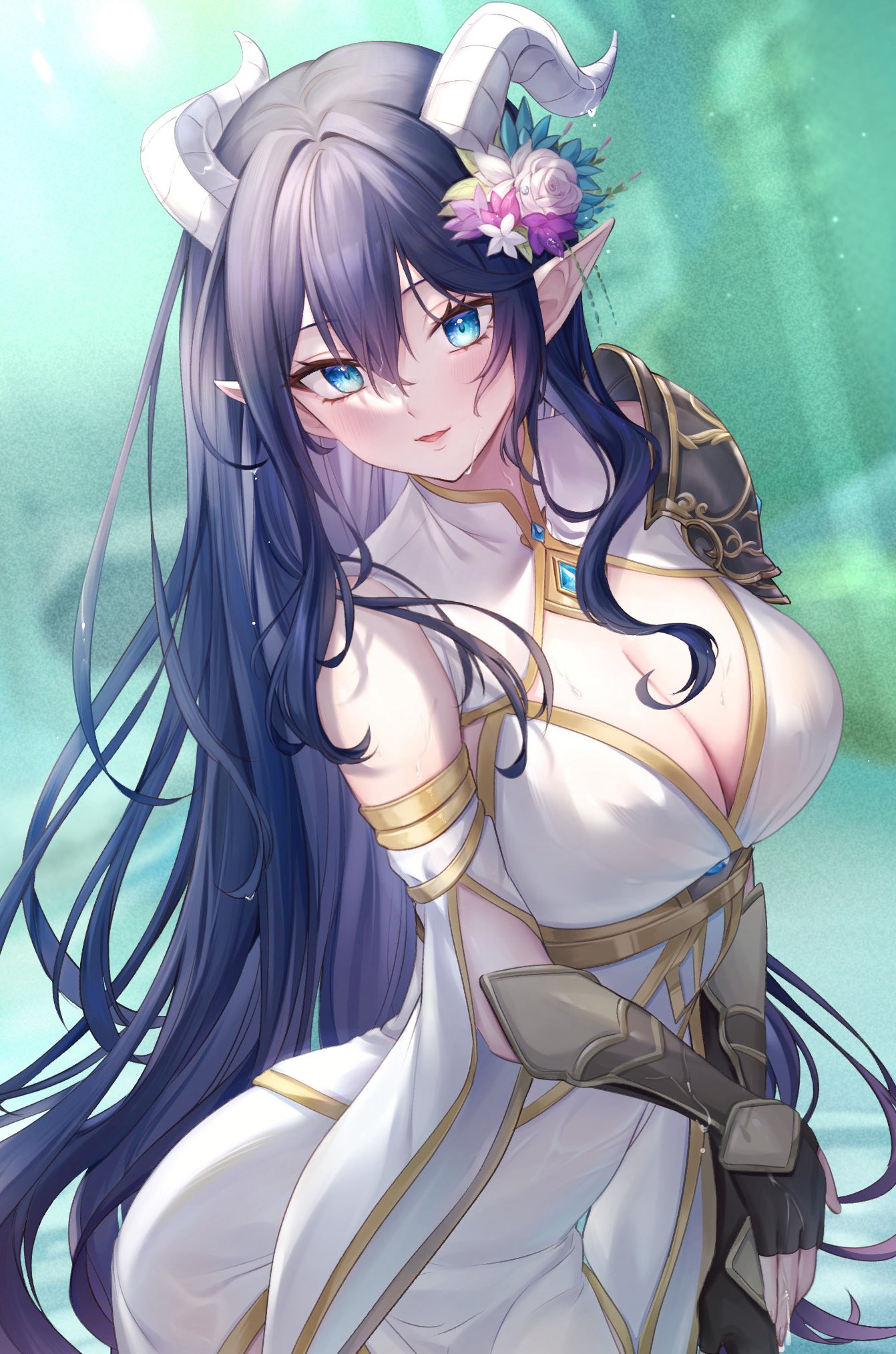 rasuku (rsfroar), original, commission, highres, skeb commission, 1girl, armor, black gloves, blue eyes, blue hair, breasts, cleavage, cleavage cutout, clothing cutout, dress, elf, fingerless gloves, flower, gloves, hair flower, hair ornament, horns, large breasts, long hair, looking at viewer, parted lips, pauldrons, pointy ears, shoulder armor, single pauldron, solo, upper body, vambraces, wet, white dress, white flower, white horns