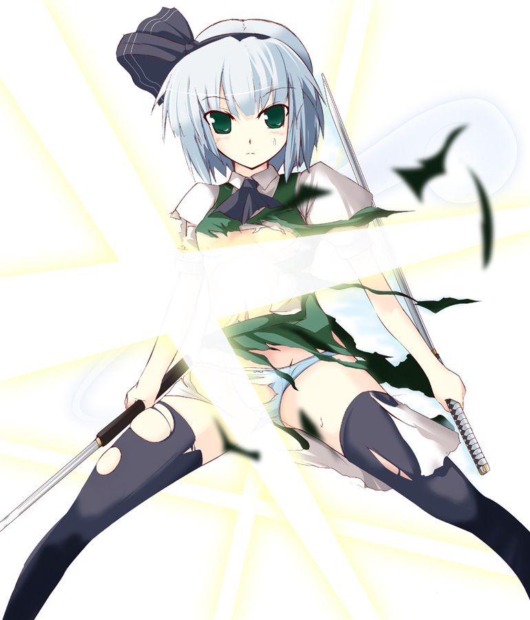 ganmo, konpaku youmu, touhou, silver hair, 1girl, dual wielding, female focus, hairband, holding, katana, panties, ribbon, school uniform, serafuku, short hair, skirt, solo, sword, tanto, thighhighs, torn clothes, underwear, weapon, white background