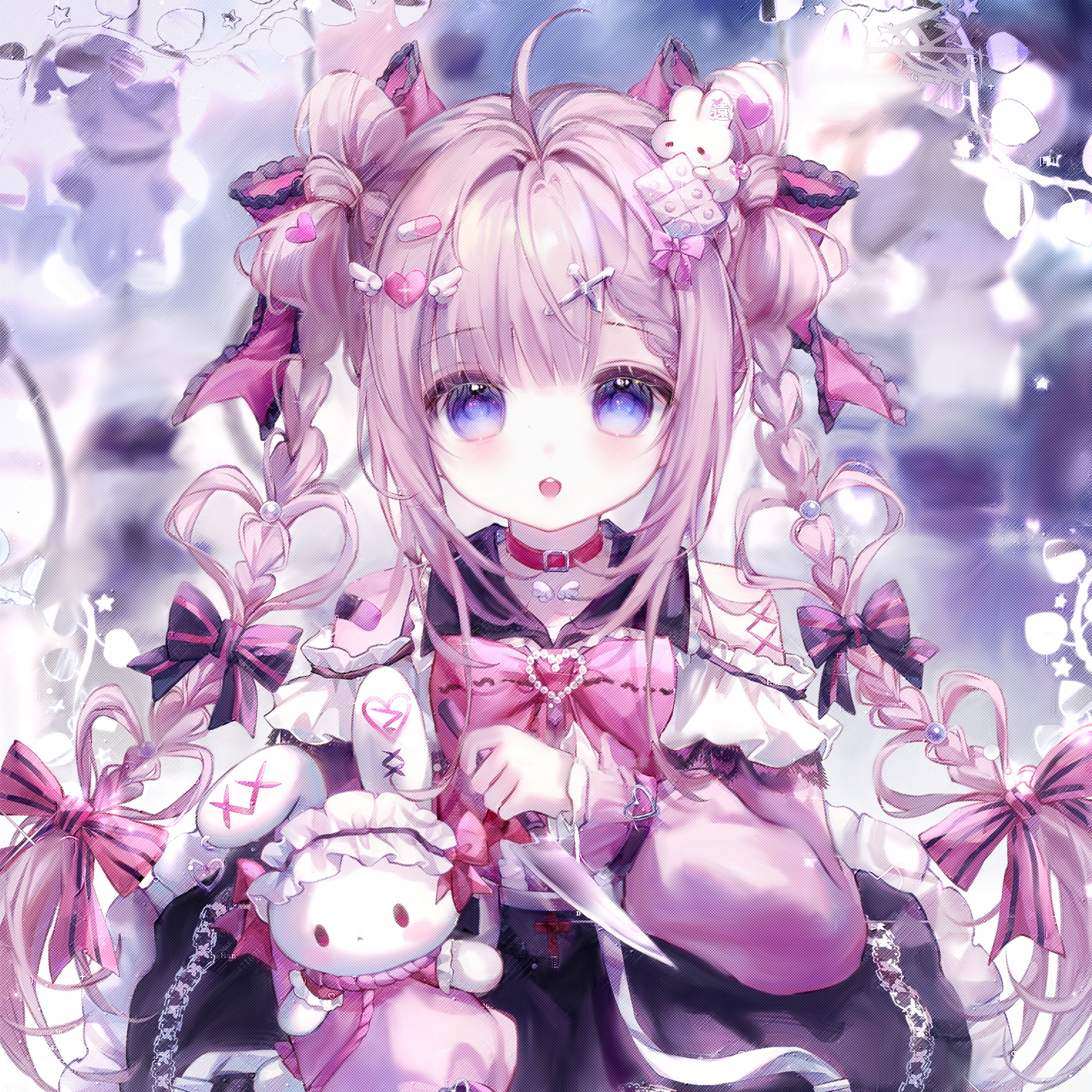 camao, original, highres, 1girl, ahoge, bandaid, blue eyes, blush, bow, braid, choker, frills, hair bow, hair ornament, hair ribbon, hairclip, heart, holding, holding knife, knife, long hair, long sleeves, looking at viewer, open mouth, pink bow, pink hair, rabbit hair ornament, ribbon, solo, stuffed animal, stuffed rabbit, stuffed toy, twin braids, twintails