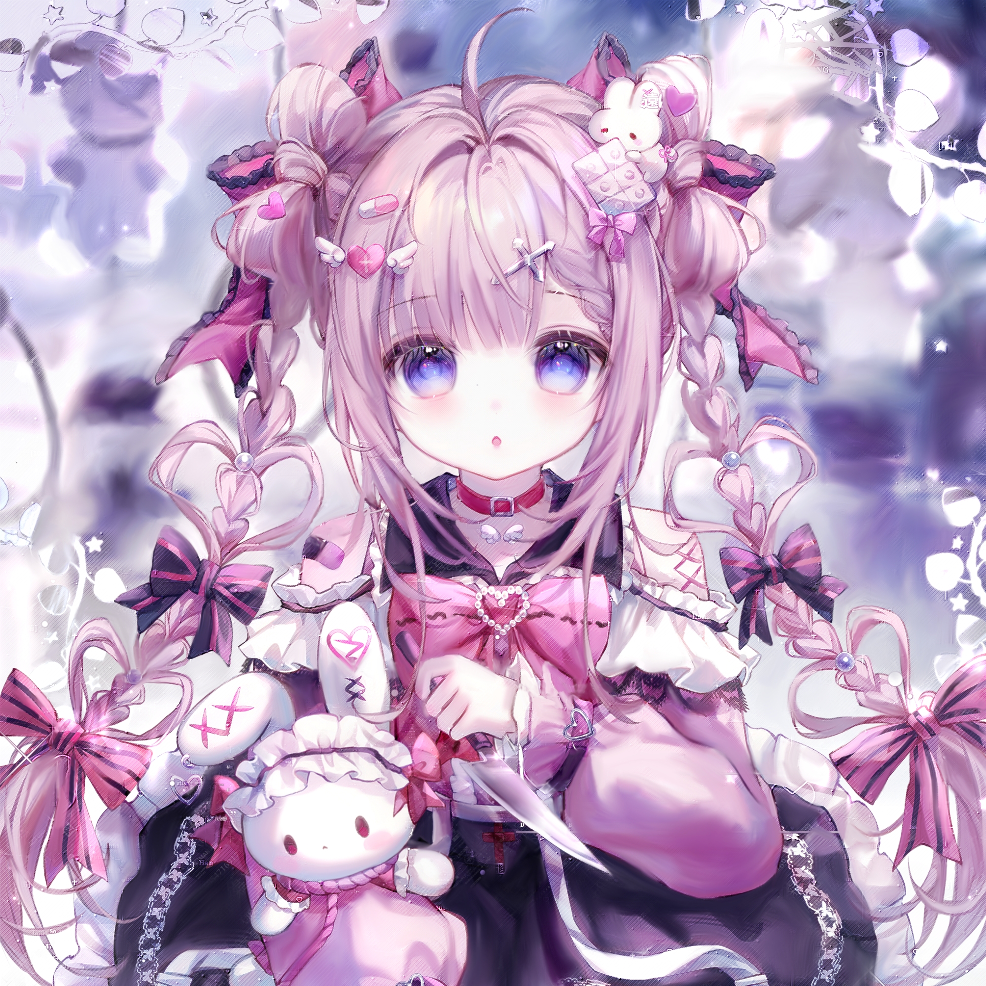 camao, original, highres, 1girl, ahoge, bandaid, blue eyes, blush, bow, braid, frills, hair bow, hair ornament, hair ribbon, hairclip, heart, holding, holding knife, knife, long hair, long sleeves, looking at viewer, pink bow, pink hair, rabbit hair ornament, ribbon, solo, stuffed animal, stuffed rabbit, stuffed toy, twin braids, twintails