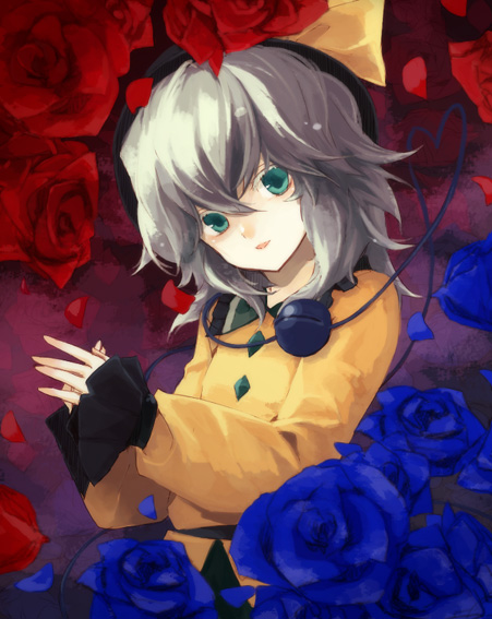 reki (pixiv), komeiji koishi, touhou, silver hair, bad id, bad pixiv id, 1girl, blouse, blue flower, blue rose, female focus, flower, red flower, red rose, rose, shirt, short hair, solo, yellow shirt