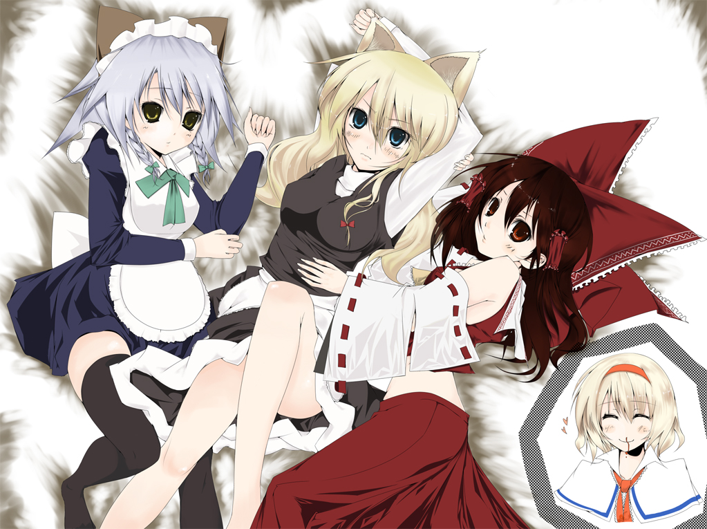 suzume miku, alice margatroid, hakurei reimu, inu sakuya (nejikirio), izayoi sakuya, kirisame marisa, touhou, black legwear, silver hair, bad id, bad pixiv id, 4girls, animal ears, arms behind head, bed, blonde hair, blood, blush, bow, brown hair, cat ears, cat girl, detached sleeves, dog ears, female focus, hair bow, japanese clothes, kemonomimi mode, long hair, maid, miko, multiple girls, nosebleed, short hair, socks, thighhighs