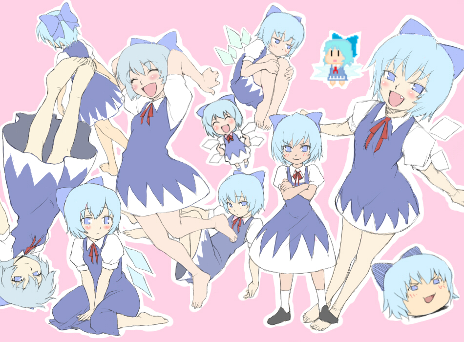 padawan (pixiv42380), cirno, touhou, 1girl, barefoot, blue hair, blush, dress, fang, feet, female focus, flat color, pixel art, reference sheet, ribbon, short hair, simple background, sketch, smile, solo, wings, yukkuri shiteitte ne
