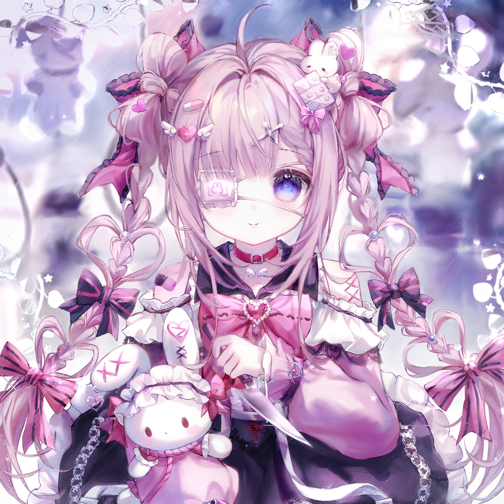 camao, original, highres, 1girl, ahoge, bandages, bandaid, blue eyes, blurry, blurry background, bow, braid, choker, closed mouth, eyepatch, frills, hair bow, hair ornament, hair ribbon, heart, holding, holding knife, knife, long hair, long sleeves, looking at viewer, pink bow, pink hair, rabbit hair ornament, ribbon, solo, stuffed animal, stuffed rabbit, stuffed toy, twin braids, twintails