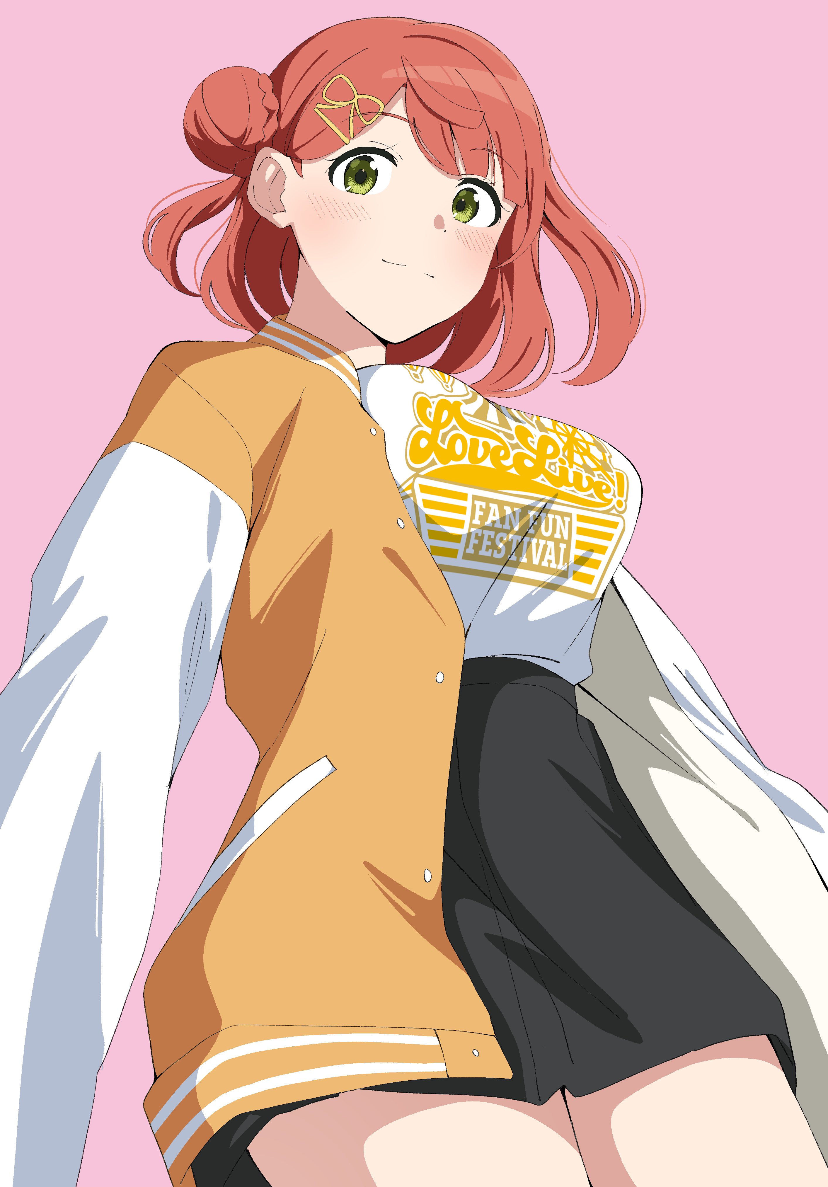 uchuu no mozuku, uehara ayumu, love live!, love live! nijigasaki high school idol club, absurdres, highres, 1girl, black skirt, braid, breasts, bun with braided base, clothes writing, cowboy shot, green eyes, hair bun, jacket, large breasts, letterman jacket, looking at viewer, love live! fan fun festival, medium hair, miniskirt, open clothes, open jacket, orange hair, pink background, shirt, simple background, single side bun, skirt, solo, standing, white shirt, yellow jacket