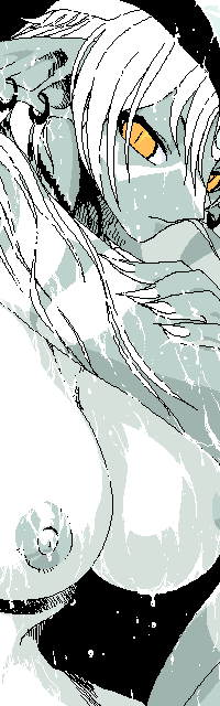 co.bayashi (artist), cobayashi, 1girl, breasts, female focus, large breasts, monster, monster girl, pointy ears, solo, wet, white hair, yellow eyes