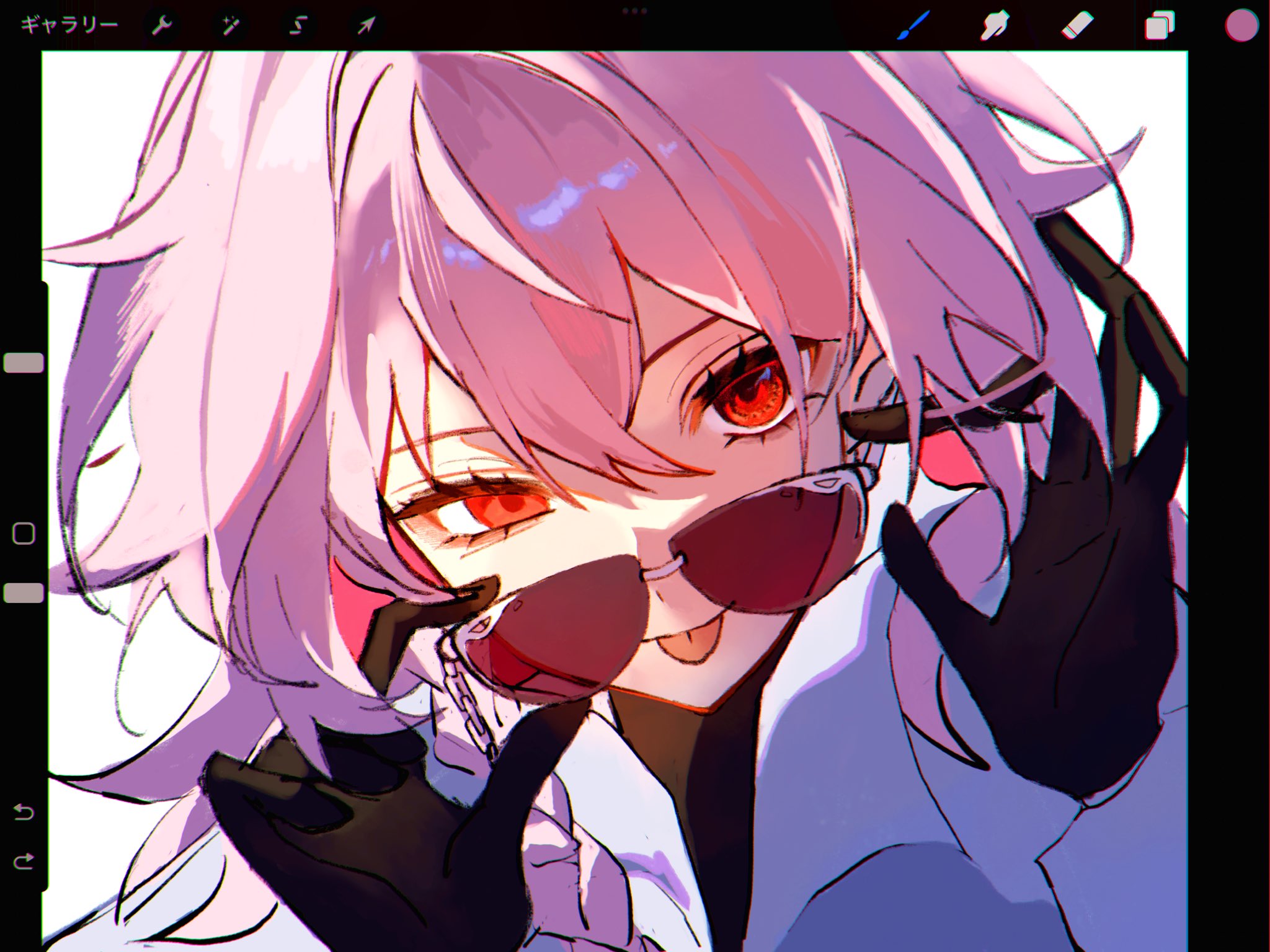 evernight (honkai: star rail), march 7th (honkai: star rail), honkai: star rail, honkai (series), highres, 1girl, :p, black gloves, evernight (lurking) (honkai: star rail), gloves, hair between eyes, looking at viewer, official alternate costume, official alternate eye color, pink hair, red eyes, shirt, sunglasses, tongue, tongue out, white shirt, yayu yyo430