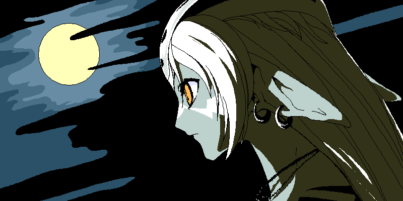 co.bayashi (artist), cobayashi, 1girl, female focus, monster, monster girl, moonlight, pointy ears, solo, white hair, yellow eyes