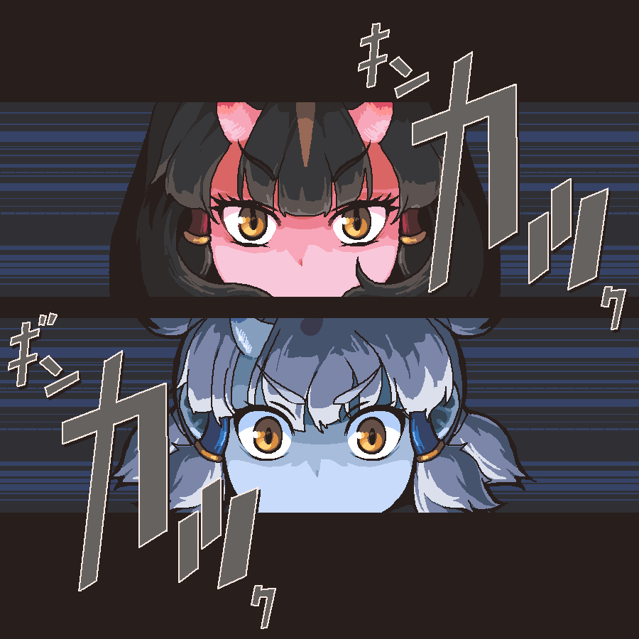 midoribox, ginkaku (kemono friends), kemono friends, kemono friends 3, persona, 2girls, animal ears, black hair, blue horns, blue oni, blue skin, blush, colored skin, extra ears, fox ears, fox girl, hair between horns, hair tubes, hex tails, horns, kinkaku (kemono friends), looking at viewer, multicolored hair, multicolored horns, multiple girls, oni, open mouth, pink horns, quad tails, red oni, red skin, short hair, short twintails, single horn, small horns, twintails, two-tone horns