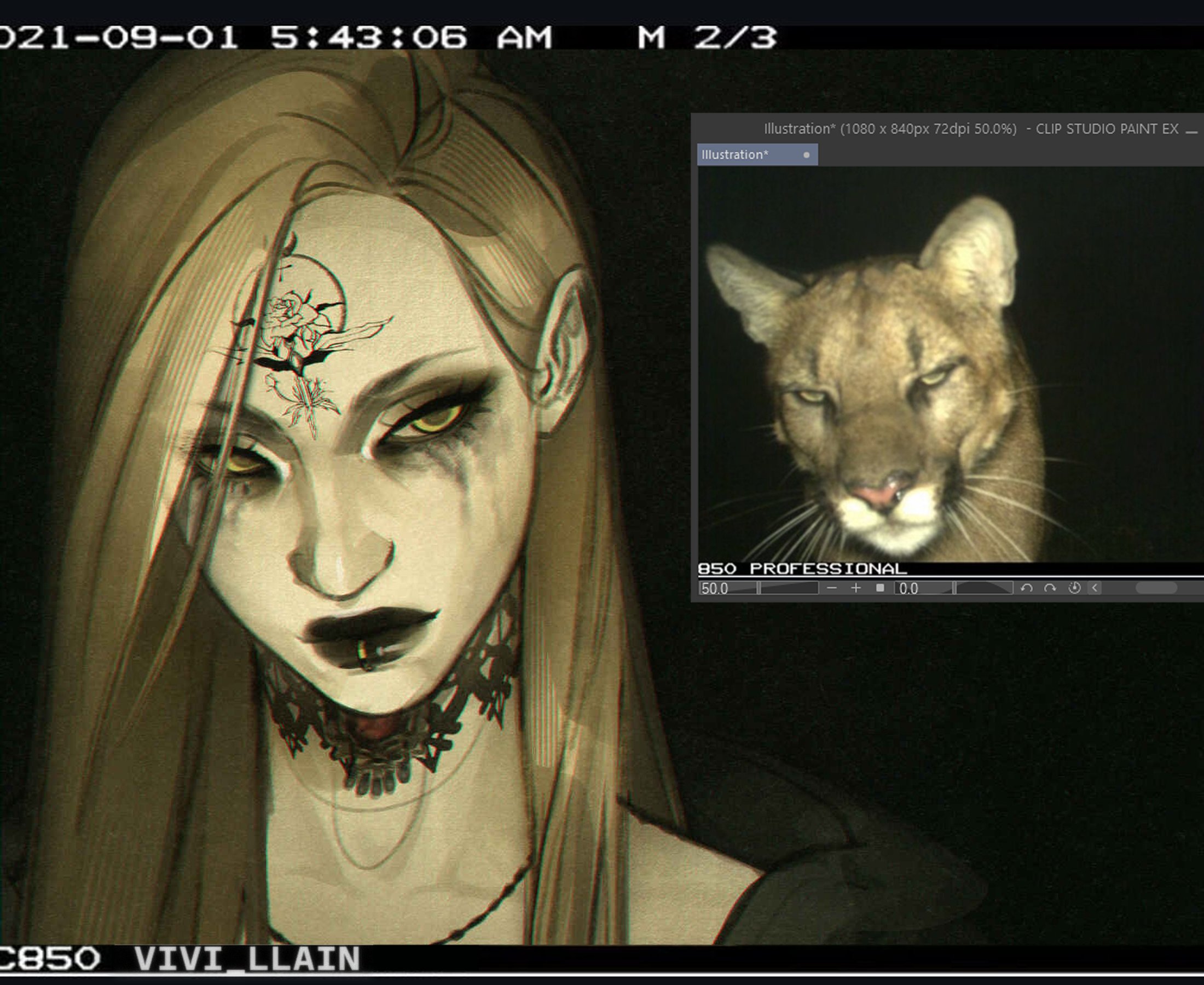 vivi llain, bela dimitrescu, musunde hiraite rasetsu to mukuro (vocaloid), resident evil, resident evil village, highres, photo-referenced, 1girl, black background, black choker, black eyeshadow, black hair, blonde hair, choker, eyeshadow, face piercing, forehead tattoo, frown, lip piercing, lip ring, looking at viewer, makeup, piercing, reference inset, runny makeup, side part, solo, static, straight hair, tattoo, videocassette recorder, yellow eyes