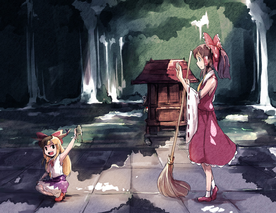 mishima hiroji, hakurei reimu, ibuki suika, moriya suwako, touhou, 3girls, broom, female focus, frog, hat, horns, japanese clothes, long hair, miko, multiple girls, nature, outdoors, plant, ribbon, short hair, skirt