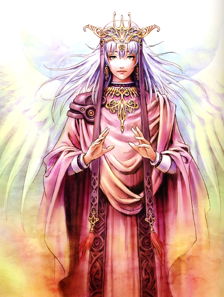 yamashita shun'ya, sweet dreams, highres, earrings, floating earrings, green eyes, long hair, pink robe, robe, solo, white hair