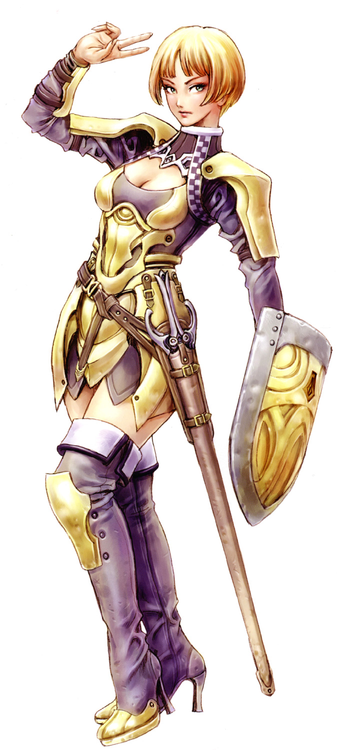 yamashita shun'ya, sweet dreams, highres, 1girl, armor, blonde hair, boots, bracer, breasts, cleavage, female focus, fingernails, full body, gold armor, long fingernails, parted bangs, purple boots, purple thighhighs, sheath, sheathed, shield, short hair, simple background, solo, standing, sword, thighhighs, weapon, white background