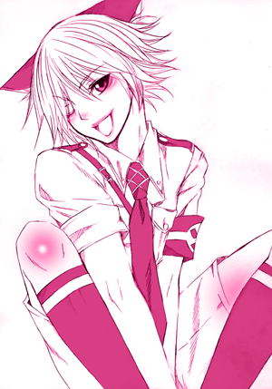 schroedinger (hellsing), hellsing, lowres, 1boy, animal ears, cat boy, cat ears, fang, male focus, monochrome, nazi, necktie, one eye closed, solo, wink