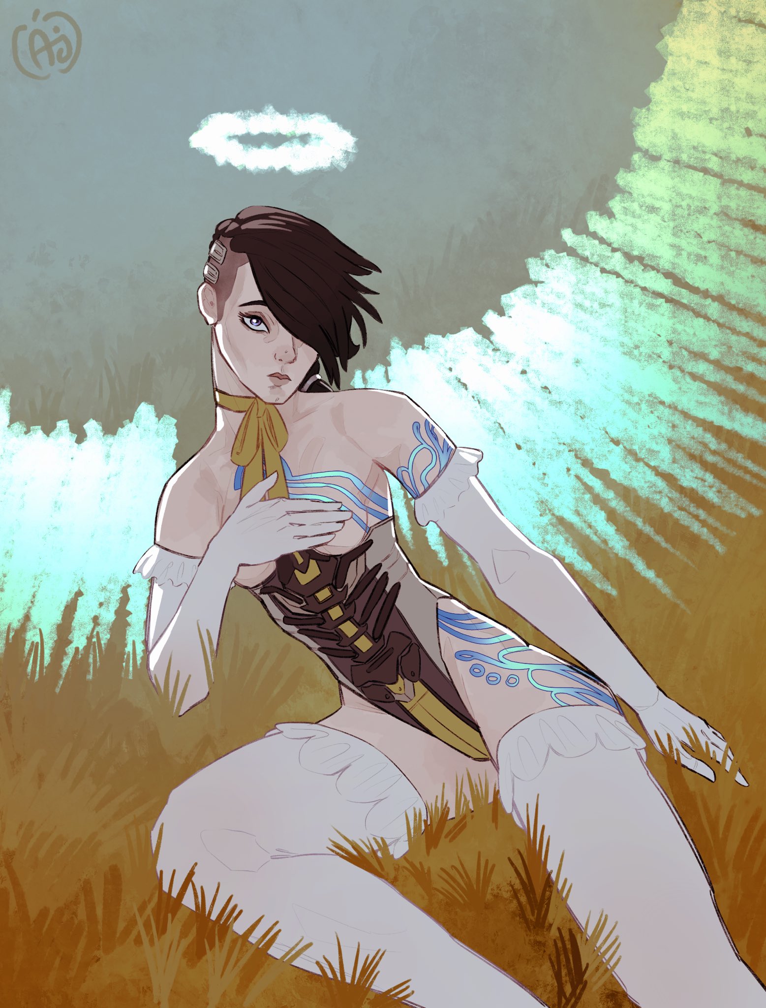 jackapplesr34, angel (borderlands), borderlands (series), borderlands 2, highres, 1girl, blue wings, breasts, breasts out, brown hair, covering breasts, covering privates, elbow gloves, gloves, grass, hair over one eye, halo, leotard, looking at viewer, purple eyes, short hair, sitting, small breasts, solo, strapless, strapless leotard, thighhighs, white gloves, white thighhighs, wings
