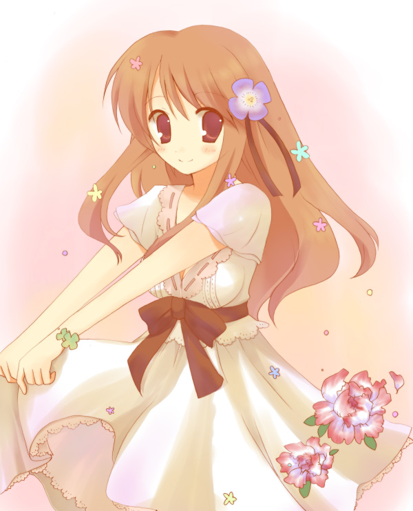 pokopi, asahina mikuru, suzumiya haruhi no yuuutsu, 00s, blush, blush stickers, bow, brown eyes, brown hair, dress, flower, smile, solo