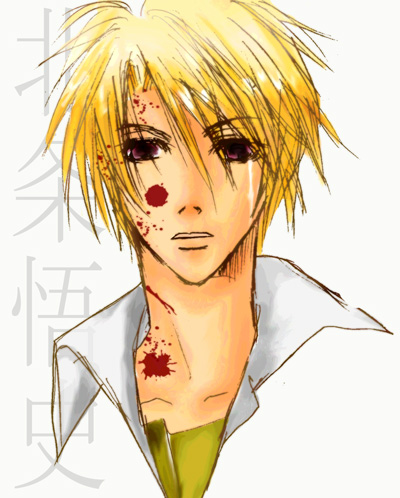 houjou satoshi, higurashi no naku koro ni, lowres, 00s, 1boy, blonde hair, blood, character name, male focus, red eyes, simple background, solo, upper body
