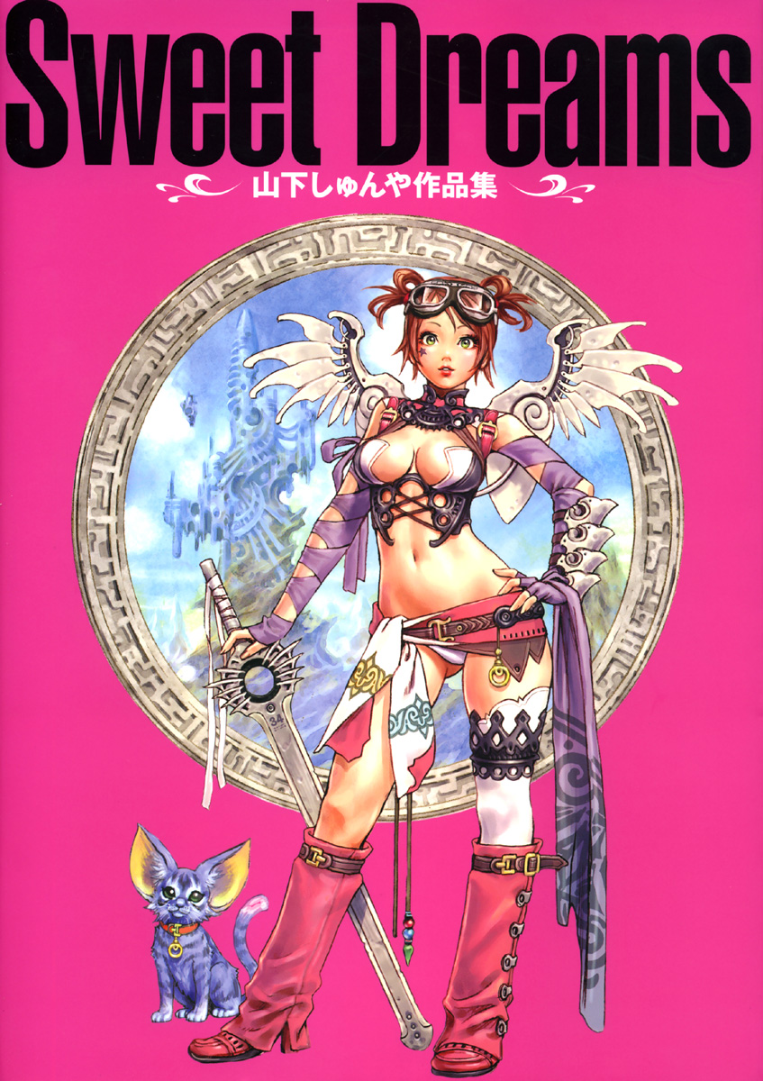 yamashita shun'ya, pocco, original, sweet dreams, highres, non-web source, 1girl, belt, boots, breasts, brown hair, bustier, cat, cleavage, cover, cover page, crop top, elbow gloves, facial mark, female focus, fingerless gloves, gloves, goggles, green eyes, hand on own hip, hip focus, lingerie, lipstick, loose socks, makeup, midriff, miniskirt, no bra, panties, pink boots, red hair, scarf, short hair, short twintails, single thighhigh, skirt, socks, solo, standing, star (symbol), star facial mark, star tattoo, sword, tattoo, thigh strap, thighhighs, turtleneck, twintails, underwear, weapon, white socks, wings