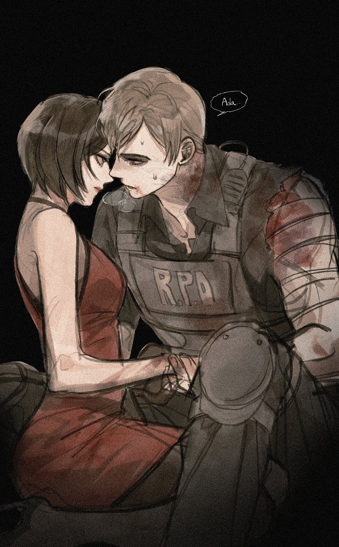 nul, ada wong, leon s. kennedy, resident evil, resident evil 4, resident evil 4 (remake), highres, 1boy, 1girl, bandaged arm, bandages, black background, black hair, black pants, black pantyhose, black shirt, black shoes, blood, blood on arm, breath, brown hair, bulletproof vest, couple, dress, eye contact, from side, hetero, high heels, holding hands, injury, kneeling, looking at another, pants, pantyhose, red dress, red lips, shirt, shoes, short hair, simple background, sitting, speech bubble, talking, torn clothes, torn shirt