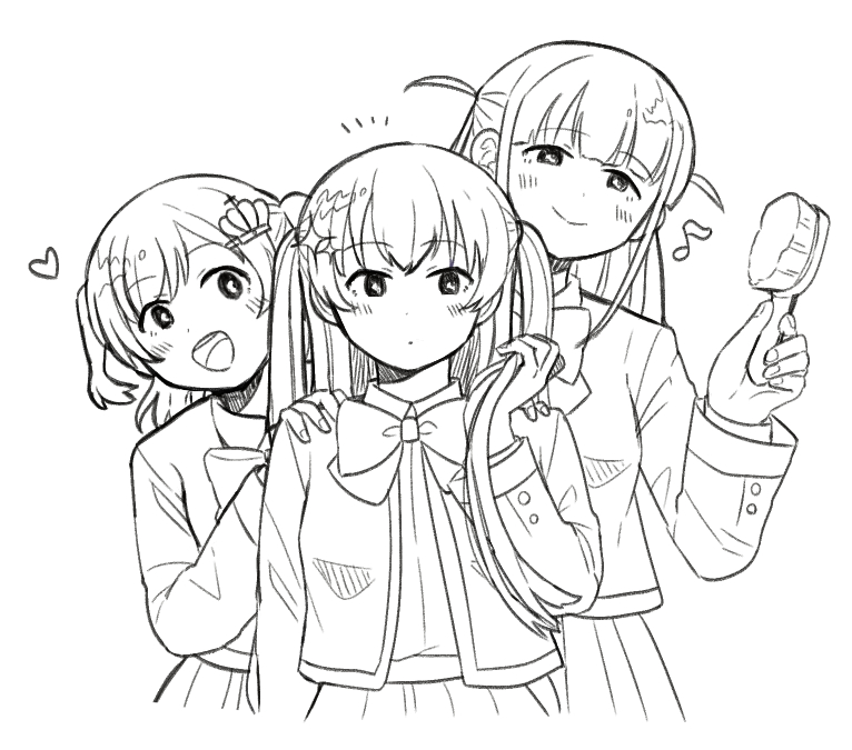 aijou karen, kagura hikari, tsuyuzaki mahiru, shoujo kageki revue starlight, commentary, 3girls, :d, alternate hairstyle, arm at side, behind another, blunt bangs, blush, bow, bowtie, closed mouth, collared shirt, cropped torso, crown hair ornament, eighth note, greyscale, hair brush, hair ornament, hairclip, hand on another's shoulder, hand up, hazime1 1, heart, holding, holding hair brush, holding own hair, long hair, long sleeves, looking at another, looking at viewer, monochrome, multiple girls, musical note, notice lines, open mouth, pleated skirt, school uniform, seishou music academy uniform, shirt, short hair, simple background, skirt, smile, sparkle hair ornament, teeth, twintails, two side up, upper body, upper teeth only, white background