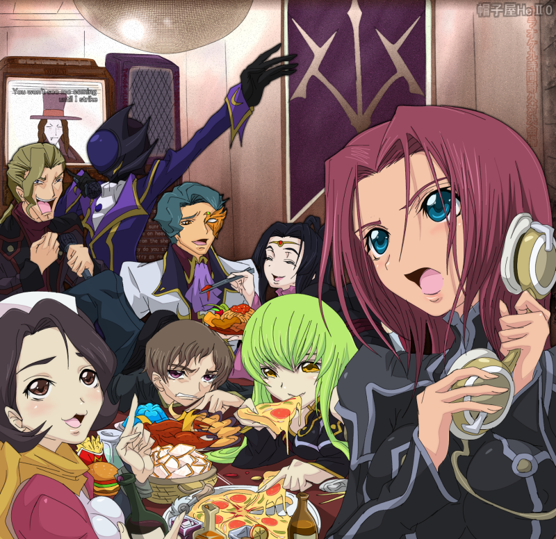 madhatter hello, c.c., count of monte cristo (gankutsuou), diethard ried, jeremiah gottwald, kouzuki kallen, lelouch vi britannia, rolo lamperouge, shinozaki sayoko, sumeragi kaguya, zero (code geass), code geass, gankutsuou, bad id, bad pixiv id, 00s, 4boys, 4girls, :3, burger, chopsticks, corded phone, everyone, food, hat, karaoke, long hair, microphone, multiple boys, multiple girls, order of the black knights uniform, party, phone, pizza, top hat, very long hair