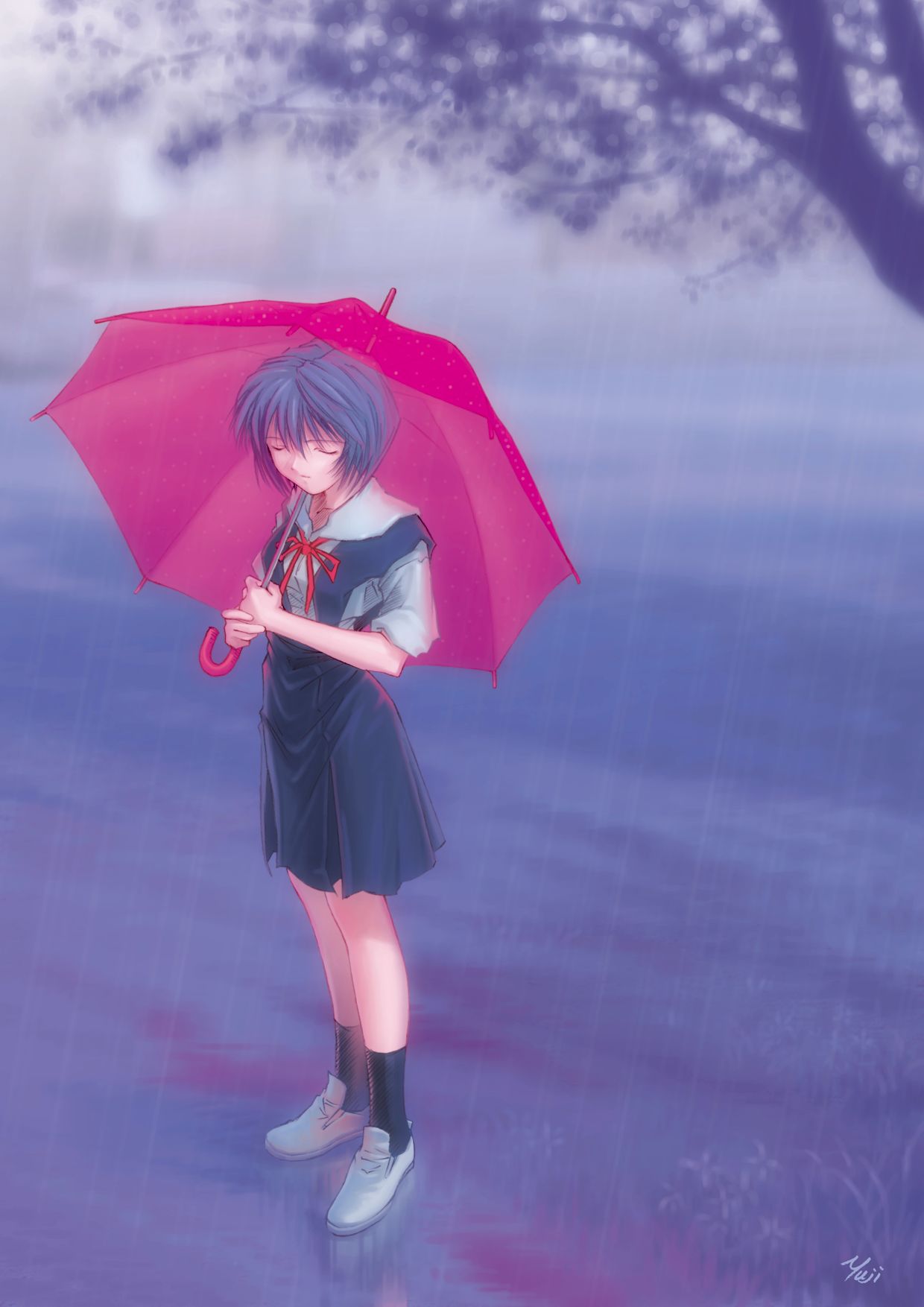 kobayashi yuji, ayanami rei, neon genesis evangelion, highres, 1girl, blue hair, closed eyes, female focus, rain, school uniform, serafuku, skirt, solo, umbrella