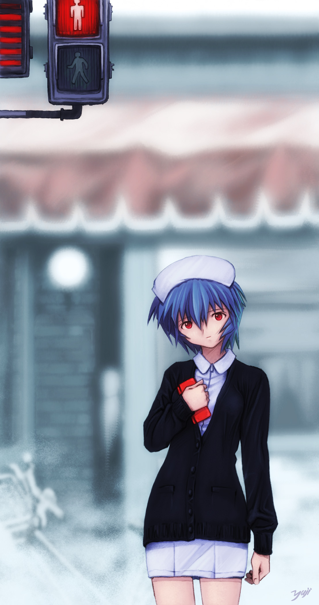 kobayashi yuji, ayanami rei, neon genesis evangelion, highres, 1girl, blue hair, female focus, jacket, nurse, red eyes, short hair, skirt, solo