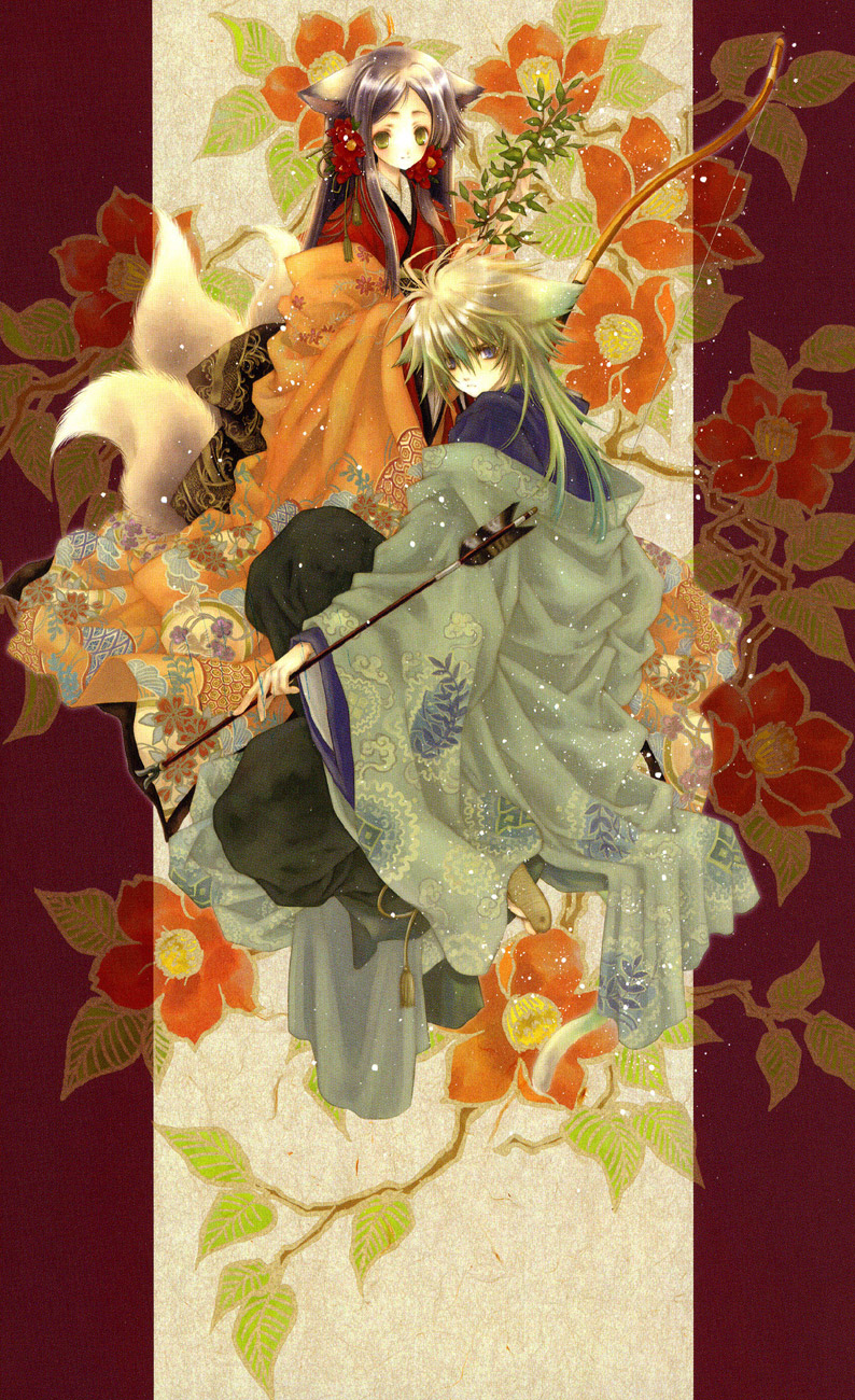 azumi tooru, highres, 1boy, 1girl, animal ears, arrow (projectile), blue eyes, brown hair, camellia, couple, flower, fox, fox ears, fox tail, hetero, japanese clothes, kimono, tail, weapon, yellow eyes