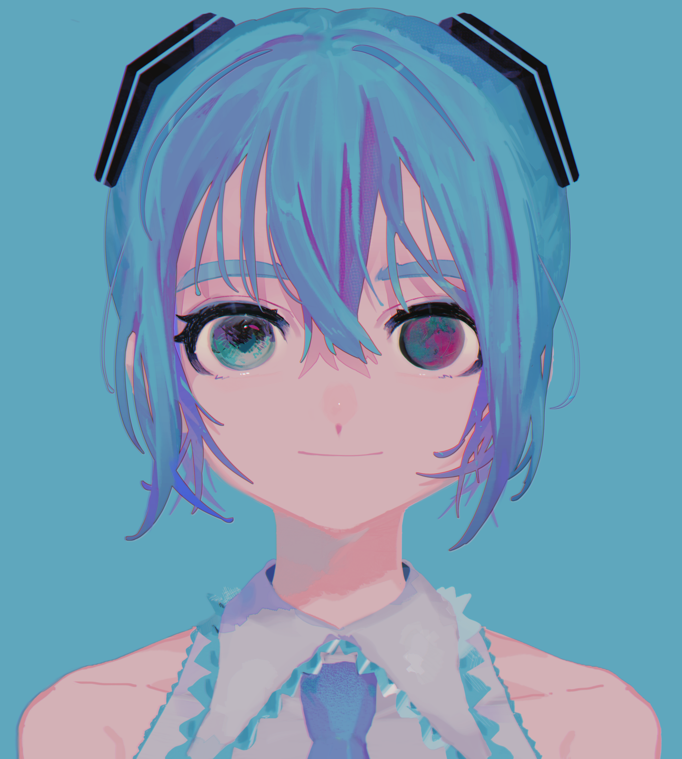 mawarusanso, hatsune miku, vocaloid, commentary request, highres, 1girl, blending, blue background, blue eyes, collarbone, collared shirt, eyelashes, frilled shirt collar, frills, hair between eyes, heterochromia, looking at viewer, necktie, shirt, smile, solo