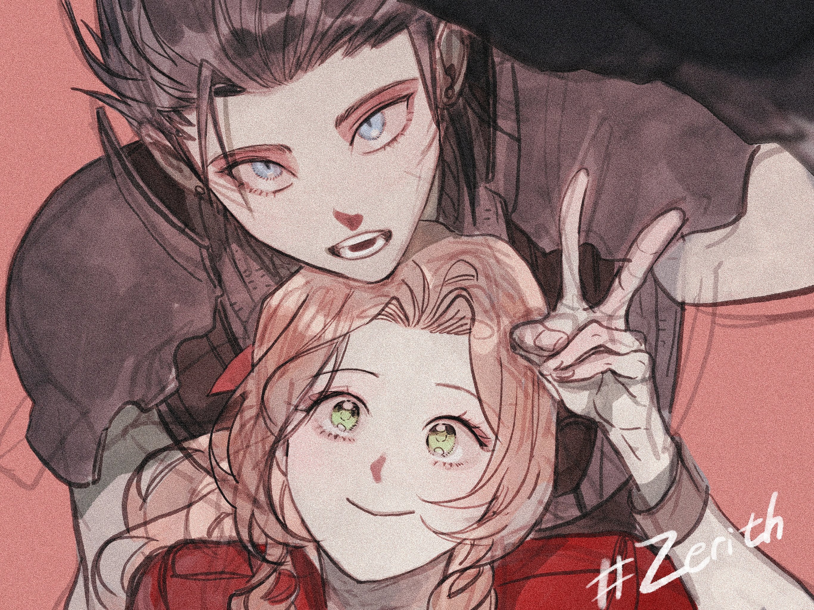 nul, aerith gainsborough, zack fair, final fantasy, final fantasy vii, final fantasy vii remake, highres, 1boy, 1girl, armor, black hair, black shirt, blue eyes, bow, bracelet, braid, brown hair, closed mouth, couple, earrings, green eyes, hair bow, hand up, hetero, jacket, jewelry, long hair, medium hair, open mouth, pauldrons, red background, red jacket, scar, scar on face, selfie, shirt, shoulder armor, simple background, slit pupils, smile, stud earrings, teeth, twin braids, very long hair