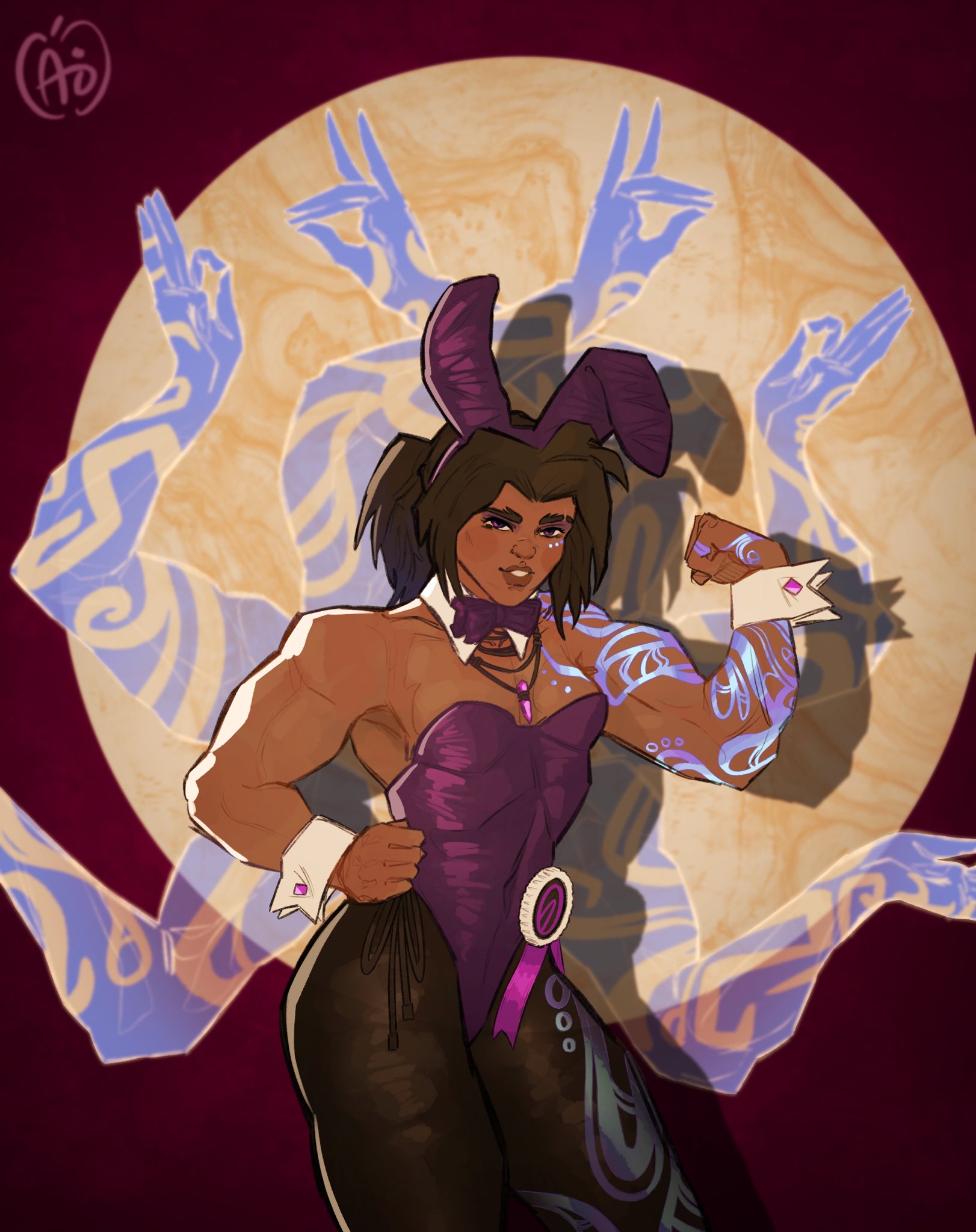 jackapplesr34, amara (borderlands), borderlands (series), borderlands 3, highres, 1girl, animal ears, black pantyhose, bow, bowtie, brown hair, collar, dark-skinned female, dark skin, detached collar, flexing, leotard, long sleeves, looking at viewer, pantyhose, playboy bunny, purple bow, purple bowtie, purple eyes, purple leotard, rabbit ears, short hair, solo, strapless, strapless leotard, white collar, white wrist cuffs, wrist cuffs
