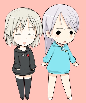 shimada fumikane, shinhaishoku, shinhaisyoku, eila ilmatar juutilainen, sanya v. litvyak, strike witches, world witches series, bad id, bad pixiv id, lowres, 00s, 2girls, annoyed, chibi, closed eyes, frown, happy, hood, hoodie, long hair, multiple girls, no pants, short hair, smile, sweat, thighhighs, white hair