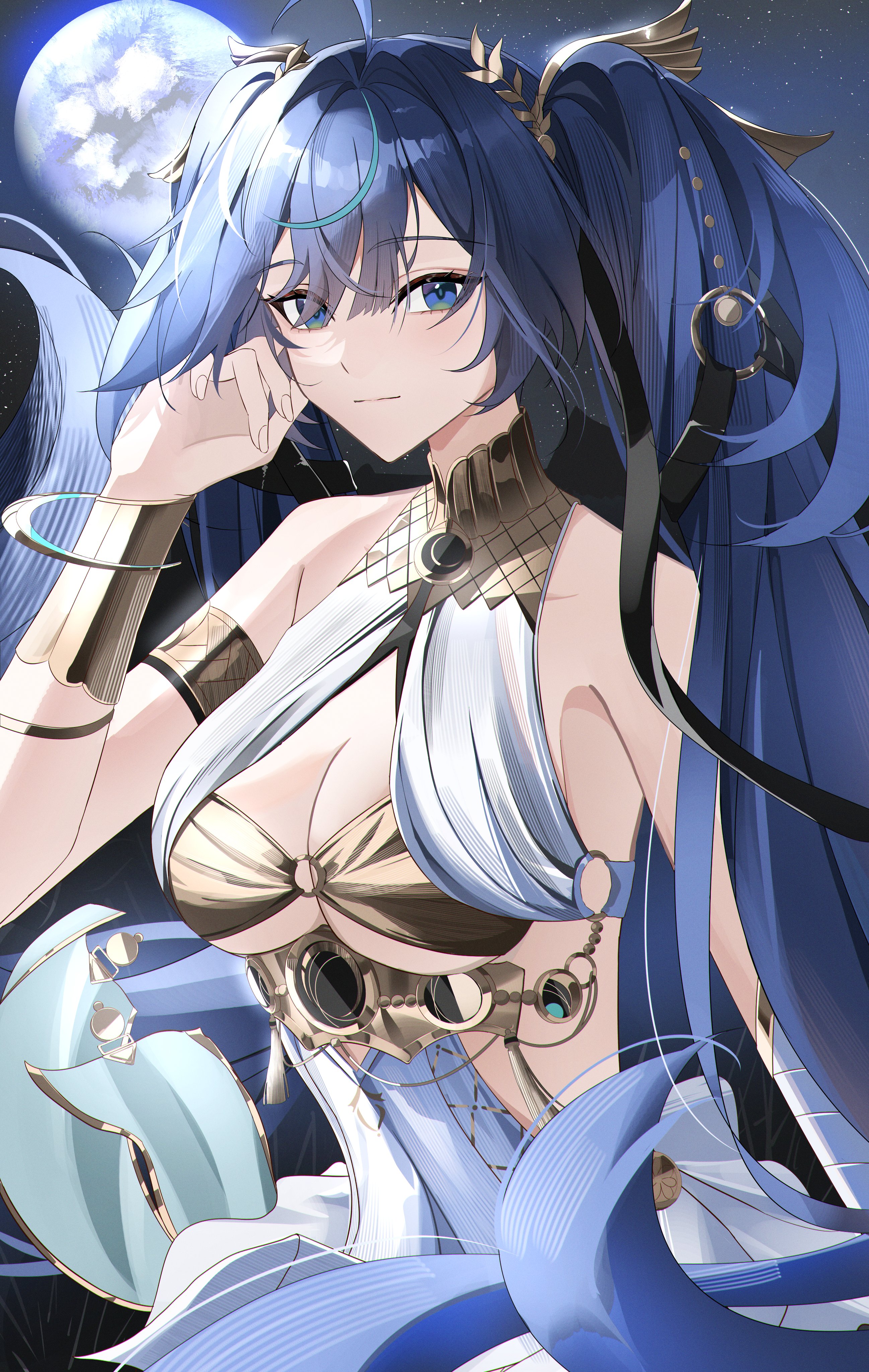 rin0 (gujrv), iuno (wuthering waves), wuthering waves, absurdres, commentary, hashtag-only commentary, highres, 1girl, ahoge, armlet, bare shoulders, blue eyes, blue hair, breasts, cleavage, closed mouth, fingernails, full moon, gold bra, hair belt, hair intakes, hand up, head wreath, jewelry, long hair, looking at viewer, moon, multicolored hair, solo, streaked hair, upper body, very long hair