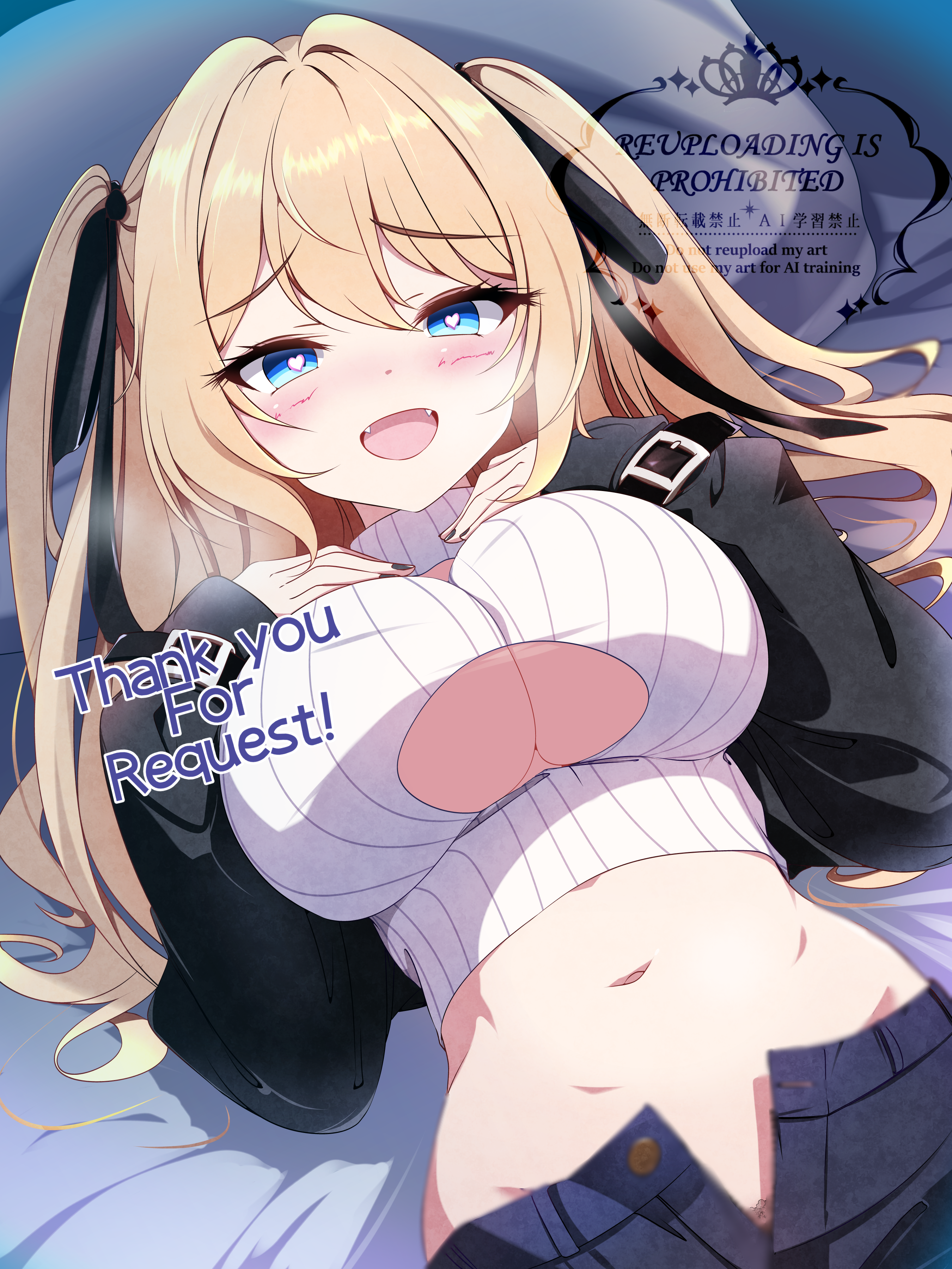 furisuku (gerbera), original, absurdres, commission, highres, skeb commission, 1girl, black jacket, black shorts, blonde hair, blue eyes, breasts, clothing cutout, crop top, fangs, hair ribbon, hands up, heart, heart-shaped pupils, heavy breathing, jacket, large breasts, long sleeves, lying, midriff, navel, on back, open clothes, open fly, open jacket, open mouth, ribbed sweater, ribbon, shorts, smile, solo, stomach, sweater, symbol-shaped pupils, two side up, underboob, underboob cutout, upper body, white sweater