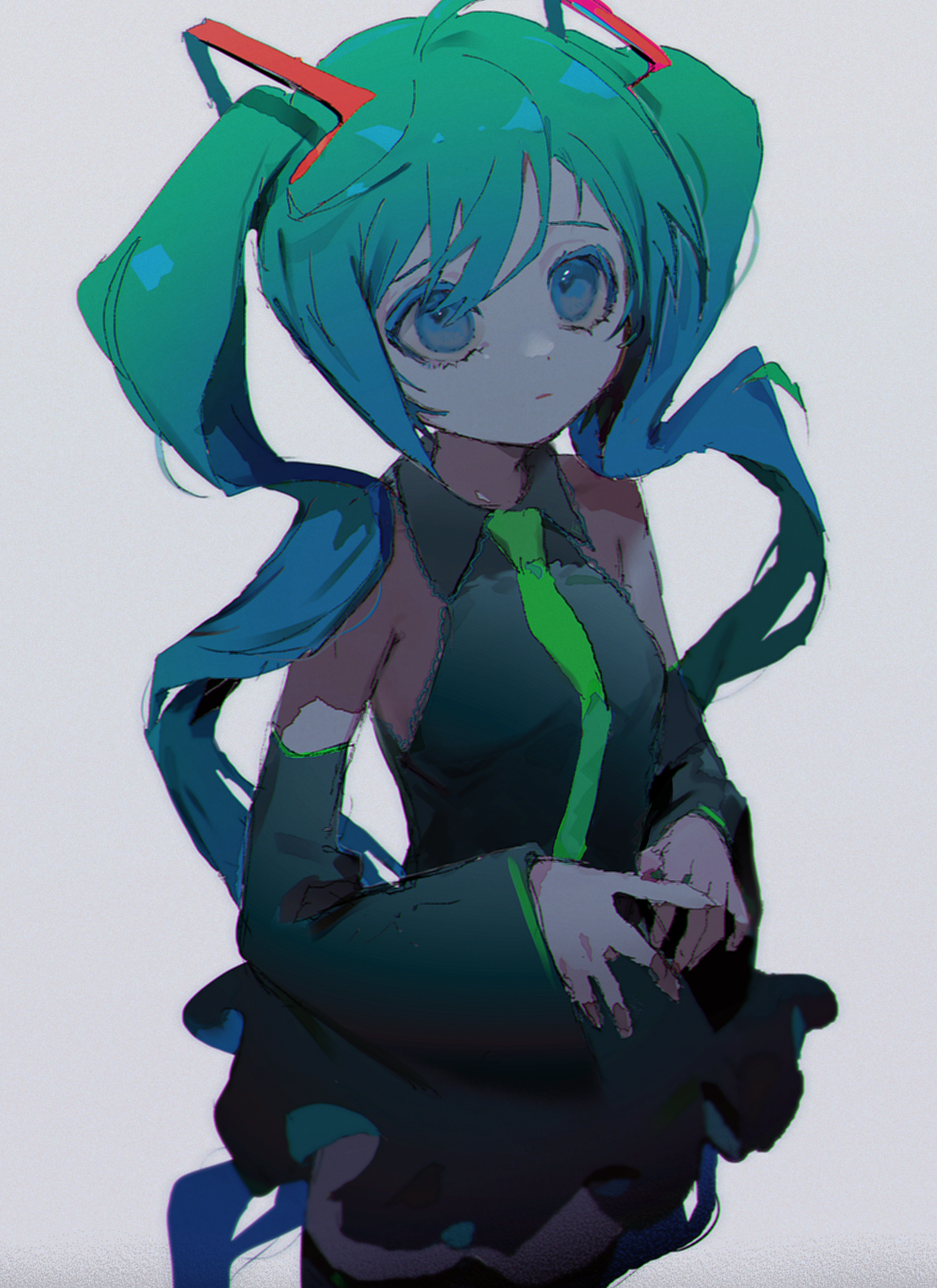 mawarusanso, hatsune miku, vocaloid, commentary request, highres, 1girl, black dress, closed mouth, detached sleeves, dress, expressionless, eyelashes, green hair, green necktie, grey background, long hair, looking ahead, necktie, solo, thighhighs, twintails