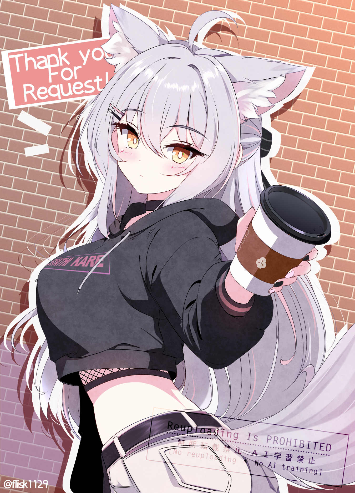 furisuku (gerbera), indie virtual youtuber, commentary request, commission, highres, skeb commission, 1girl, ahoge, animal ears, belt, black choker, black hoodie, blush, breasts, brick wall, bright pupils, choker, cowboy shot, crop top, crop top overhang, cup, disposable cup, drawstring, extra ears, fishnets, hair ornament, hairclip, half updo, holding, holding cup, hood, hood down, hoodie, large breasts, long hair, long sleeves, looking at viewer, midriff, nail polish, shachikuzu kareha, shorts, solo, tail, very long hair, virtual youtuber, white hair, white shorts, wolf ears, wolf girl, wolf tail, yellow eyes