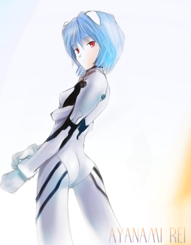 ayanami rei, neon genesis evangelion, blue hair, looking back, mecha pilot suit, plugsuit (evangelion), red eyes, short hair, solo
