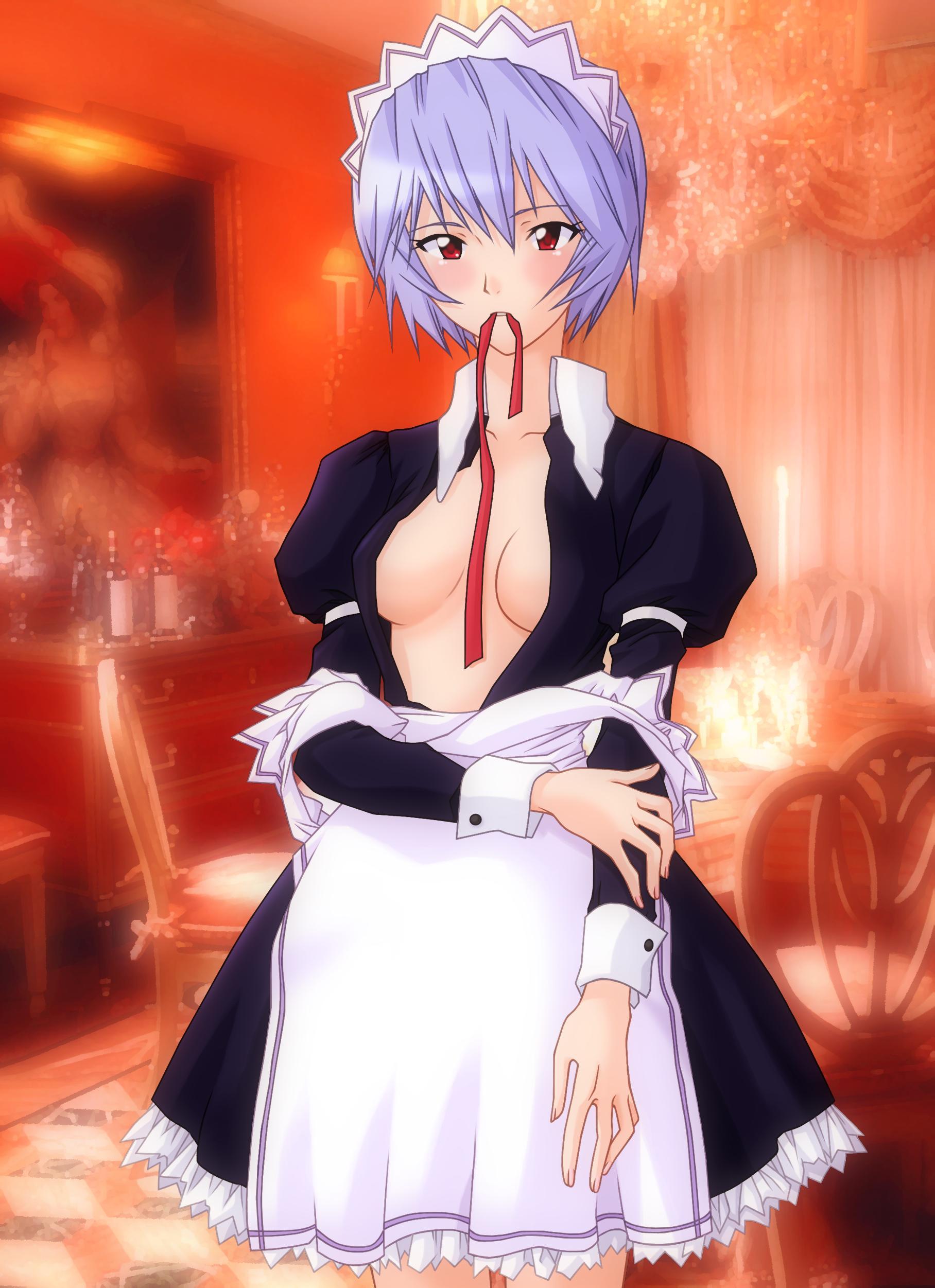 count zero, ayanami rei, neon genesis evangelion, absurdres, highres, non-web source, apron, blue hair, maid, maid apron, mouth hold, open clothes, ribbon, short hair, solo, undressing