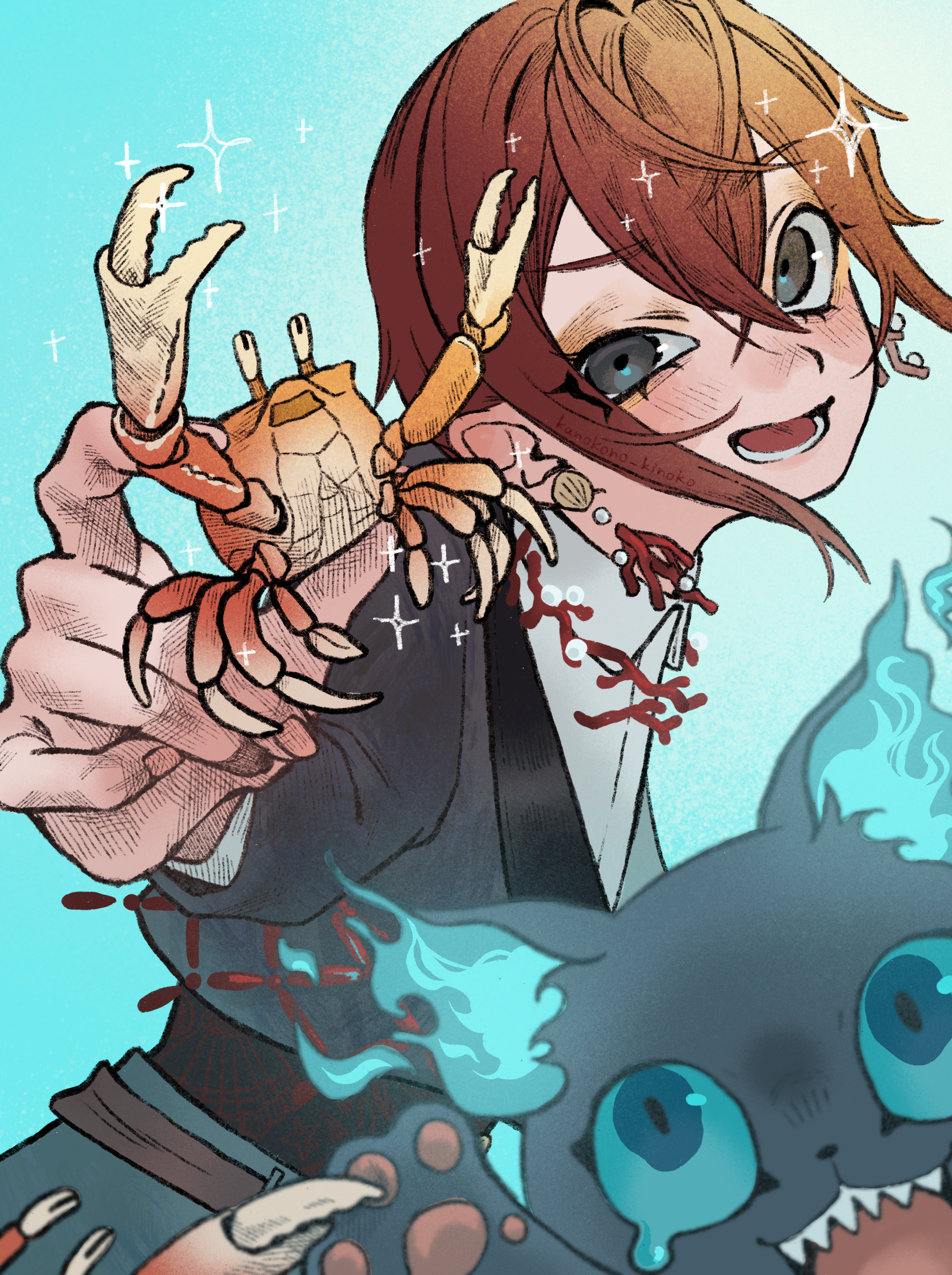 grim (twisted wonderland), riddle rosehearts, twisted wonderland, commentary request, highres, 1boy, animal, belt, blue background, blue eyes, blue fire, blue sclera, collared shirt, colored sclera, coral, crab, creature, cropped jacket, earrings, fire, grey eyes, holding, holding animal, jewelry, kanokono kinoko, male focus, open mouth, red hair, sharp teeth, shell, shell earrings, shirt, short hair, smile, teeth