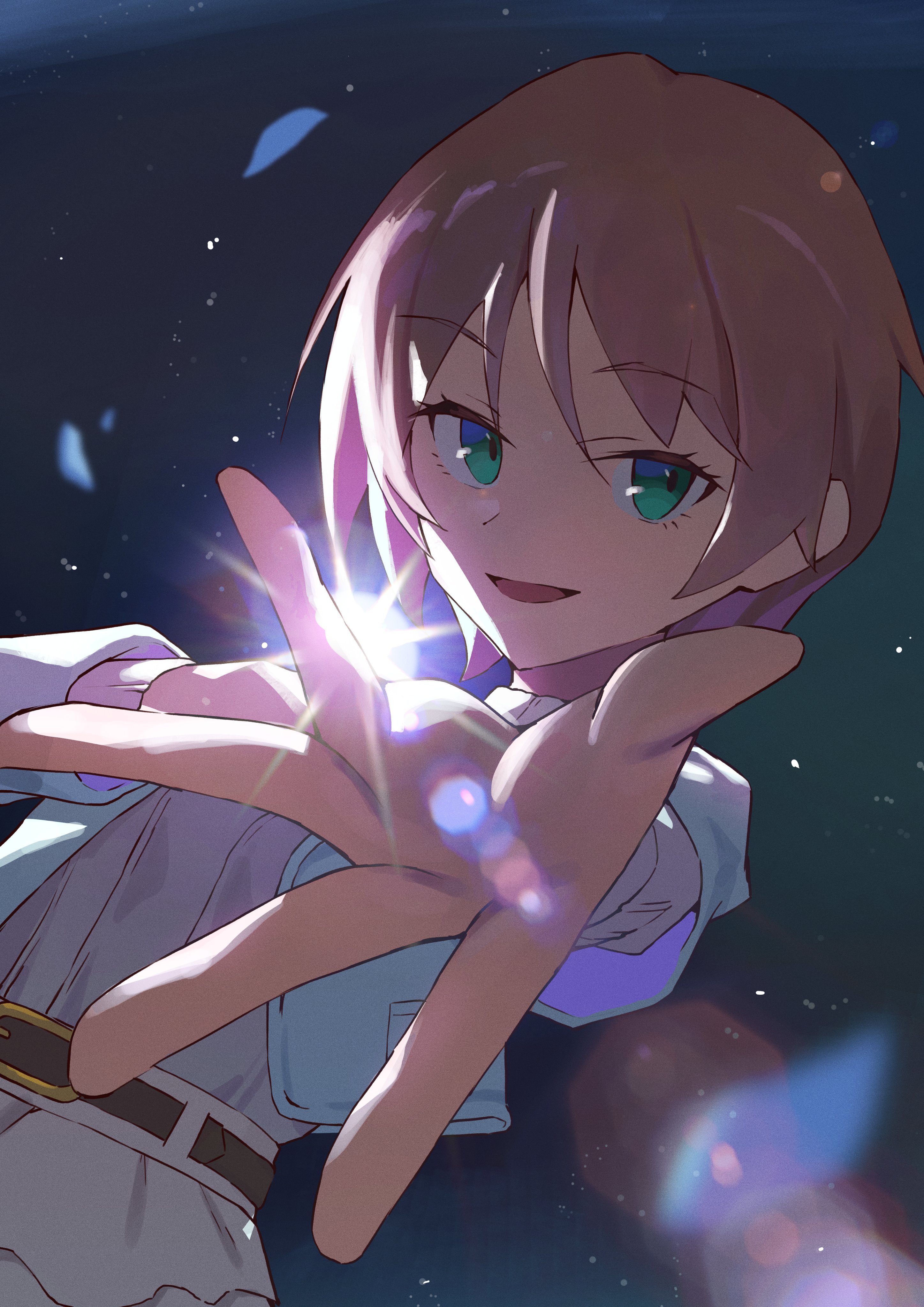 sunkeun, harumiya yukuri, ikizulive! love live! bluebird, love live!, absurdres, commentary, highres, 1girl, :d, backlighting, blue jacket, brown hair, cowboy shot, dark background, foreshortening, green eyes, jacket, lens flare, light particles, long sleeves, looking at viewer, open clothes, open hand, open jacket, open mouth, outstretched arm, ribbed sweater, short hair, skirt, smile, solo, sweater, turtleneck, turtleneck sweater, white skirt, white sweater