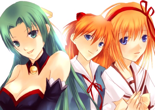 fuyou kaede, sonozaki shion, souryuu asuka langley, higurashi no naku koro ni, neon genesis evangelion, shuffle!, lowres, non-web source, 00s, 3girls, bare shoulders, blue eyes, breasts, cleavage, collar, detached collar, elbow gloves, gloves, green eyes, green hair, hairband, long hair, medium breasts, multiple girls, orange hair, red hair, school uniform, serafuku, short hair, yandere