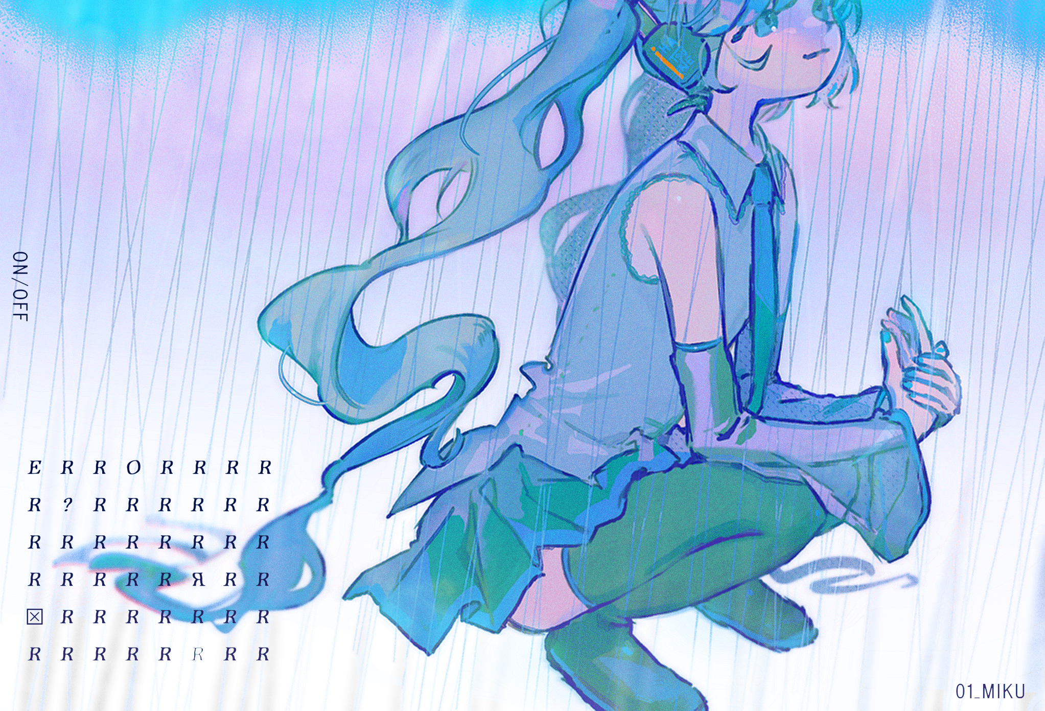 mawarusanso, hatsune miku, vocaloid, commentary request, highres, 1girl, boots, character name, closed mouth, collared shirt, detached sleeves, english text, frilled shirt collar, frills, headphones, long hair, necktie, pleated skirt, rain, shirt, skirt, solo, squatting, thigh boots, twintails, very long hair